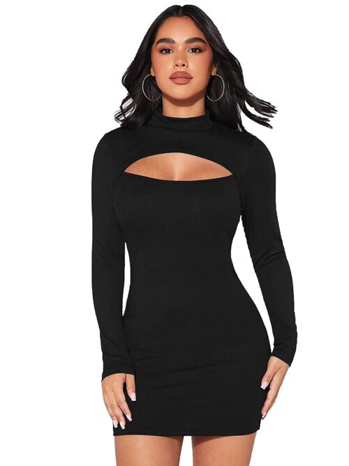 Rib Knit Cut Out Front Mock Neck Bodycon Dress