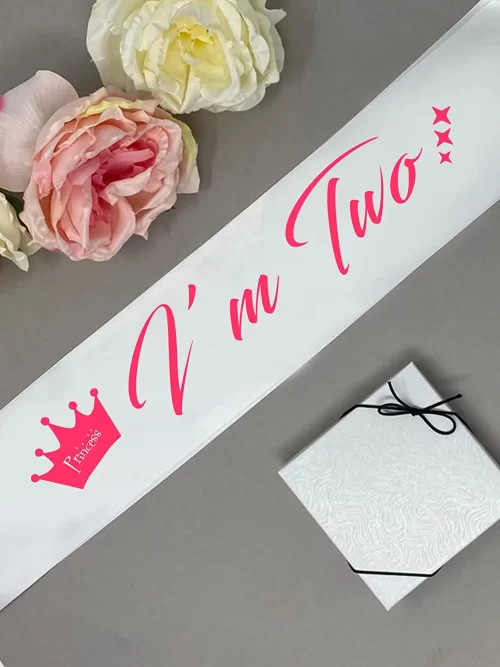 White Satin Birthday Sash for Kids ( Pink Writing )