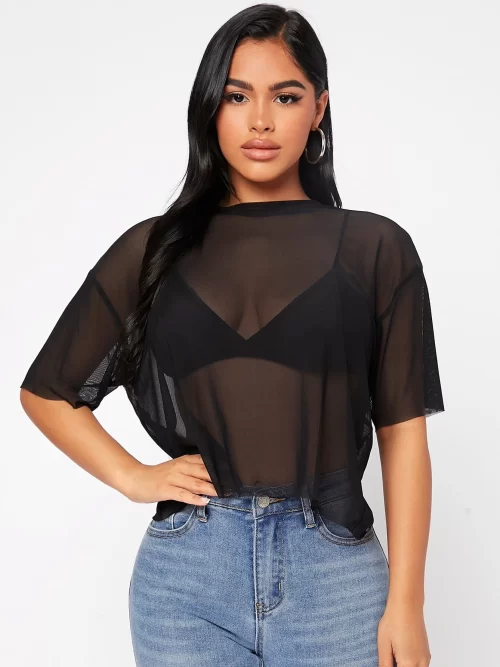 Black Mesh Loose Fitted Top