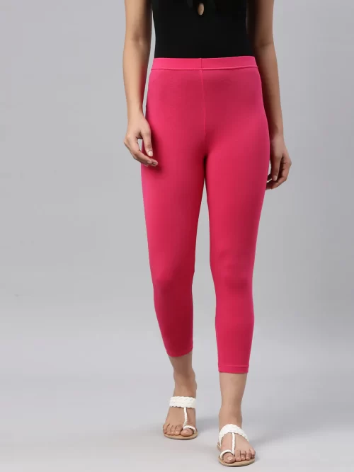 Women Solid Hot Pink Cotton Cropped Legging