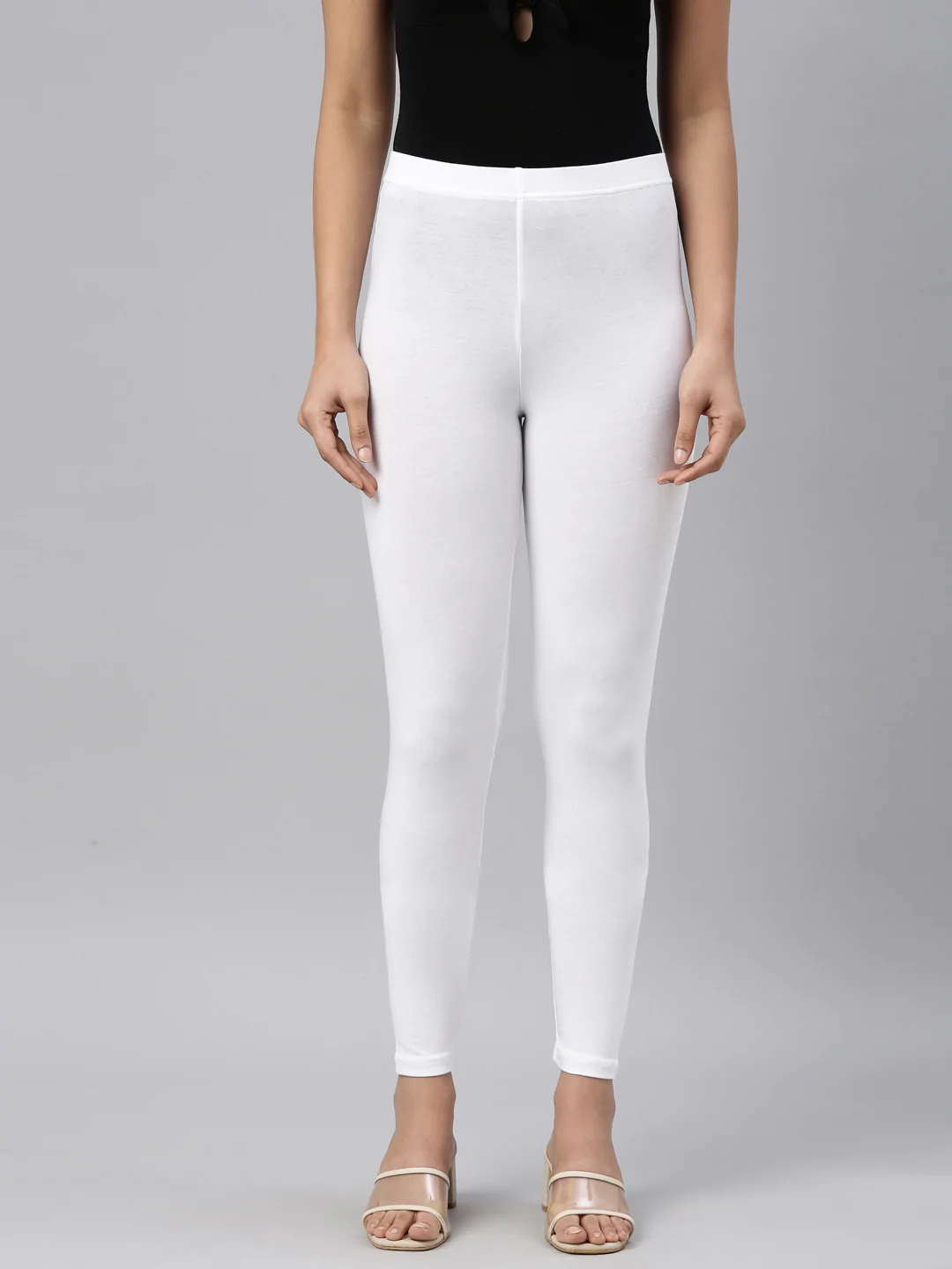 Women White Solid Elastic Waist Ankle Length Legging - MENSIMPRESSION -  3689652