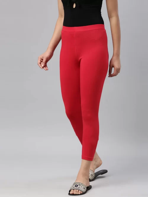 Women Solid Red Cotton Cropped Legging