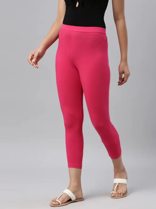 Women Solid Hot Pink Cotton Cropped Legging