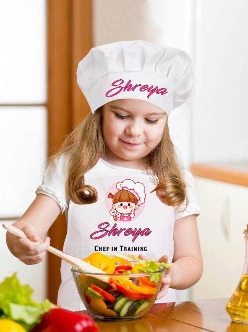 Customizable Polycotton Chef Apron and Cap Costume with Name for Girls