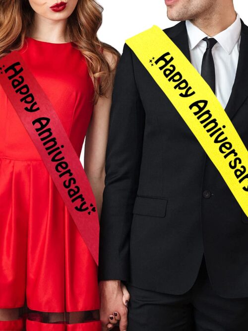 Satin Happy Anniversary Sash Combo for Married Couples ( Red & Yellow )