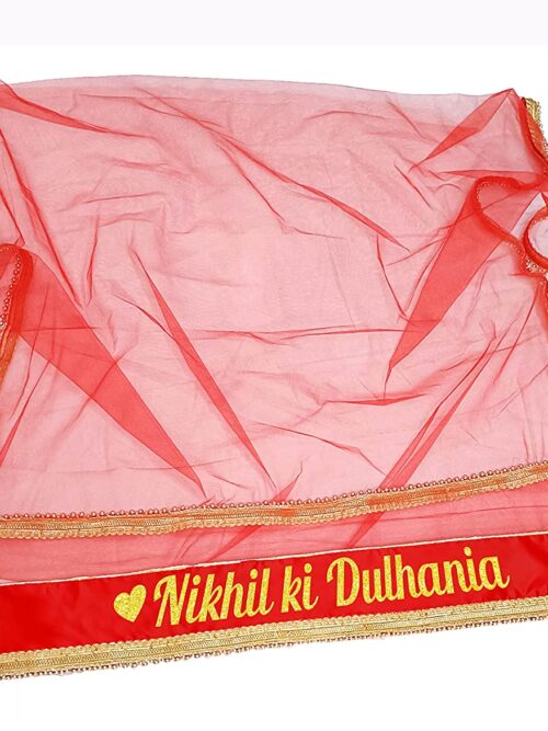 Customize Bridal Beaded Lace Red Dupatta With Name