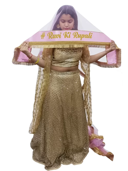 Customize Bridal Fringe Lace Pink Dupatta With Name