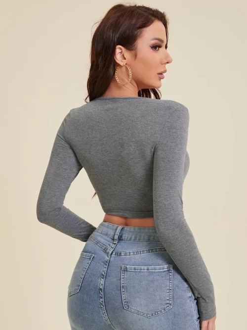 Sexy Scoop Neck Fitted Crop Top ( Grey )